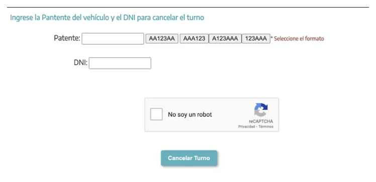 Pantalla para cancelar el turno de la VTV en Escobar con patente y DNI