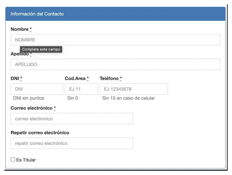 Paso 2 para sacar turno de la VTV en Escobar: información del contacto